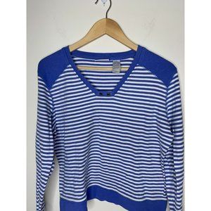 Liz Clairborne Womens XL Blue White Striped Long Sleeve Shirt V Neck